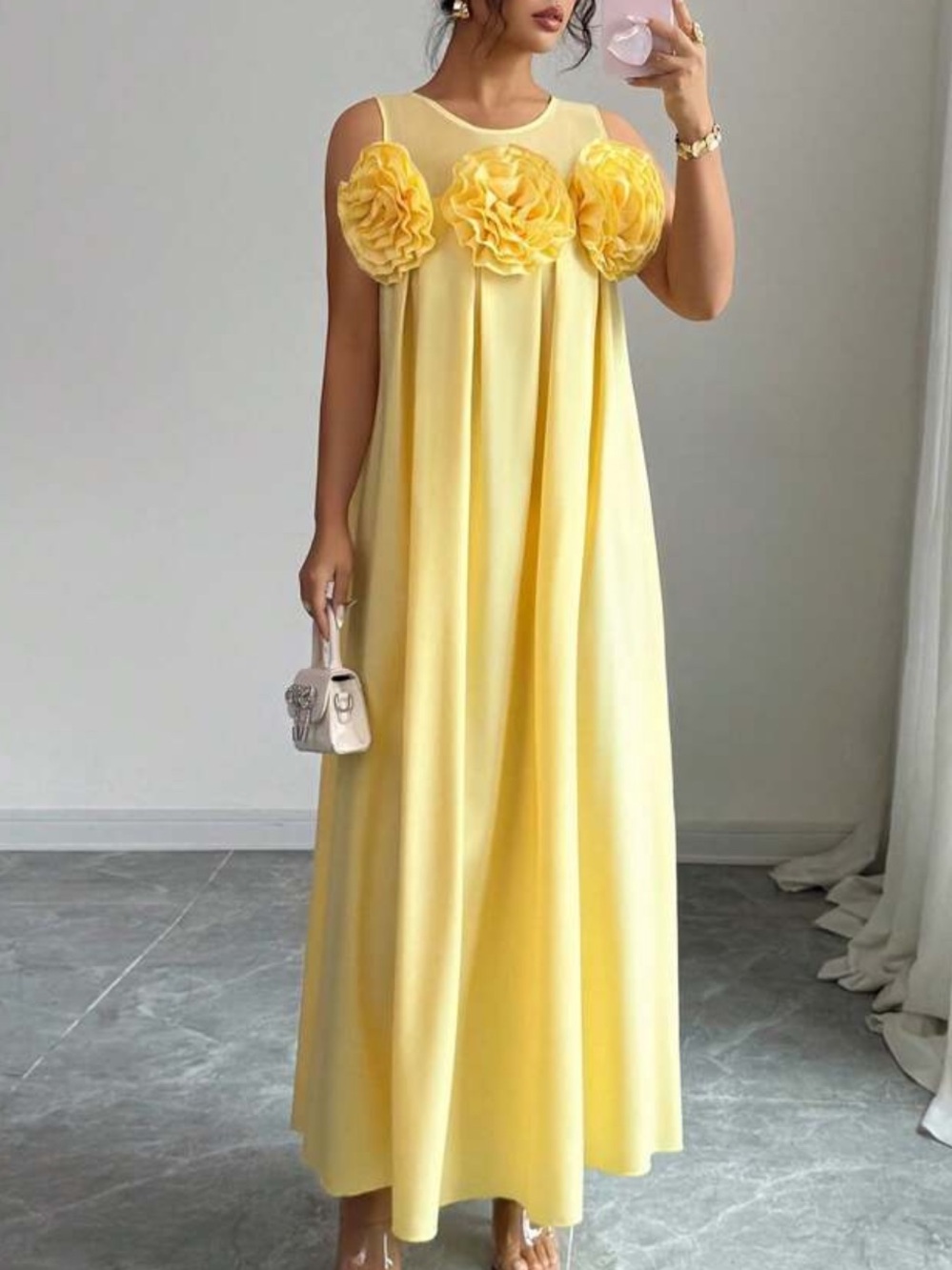 Sunshine Yellow Floral-Accent Maxi Dress